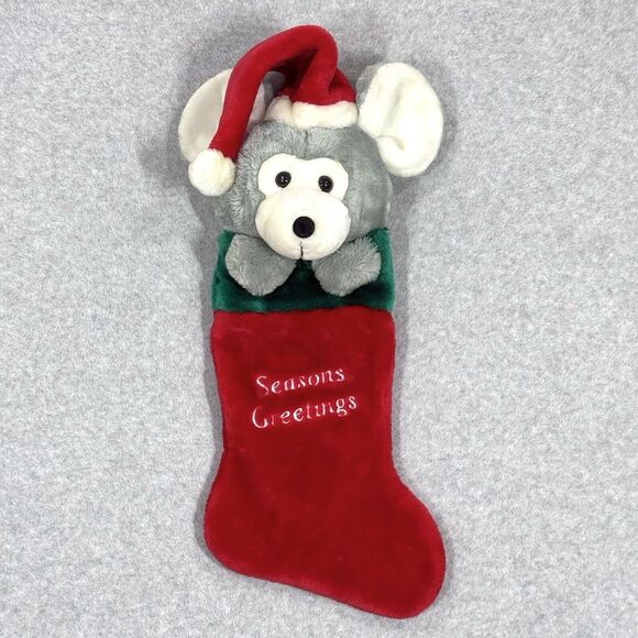 Vintage Christmas Stocking Plush 3D Mouse Paws Seasons‎ Greetings Santa Hat 80s - Picture 1 of 14